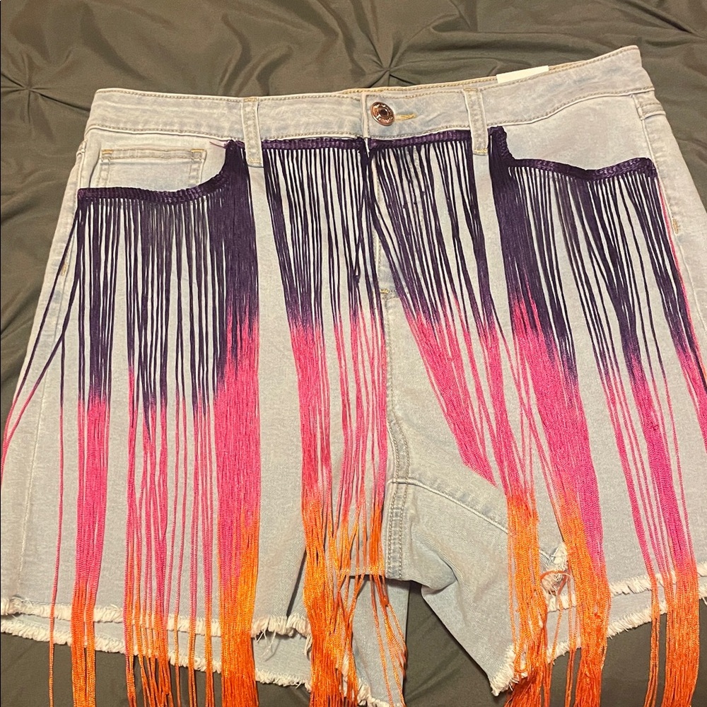 Fringe Denim Shorts with Pink, Purple and Orange Accents